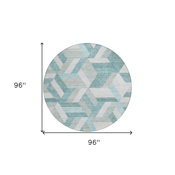 HomeRoots 5' Teal Blue Geometric Indoor Outdoor Area Rug - Stylish, Washable, Durable, and Versatile for All Spaces 8' Round 608072