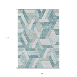 HomeRoots 9' X 12' Teal Blue Geometric Area Rug - Stylish, Durable, and Machine Washable for Indoor/Outdoor Use 608074