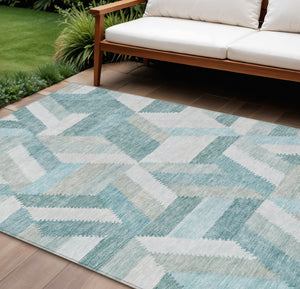 HomeRoots 9' X 12' Teal Blue Geometric Area Rug - Stylish, Durable, and Machine Washable for Indoor/Outdoor Use 608074