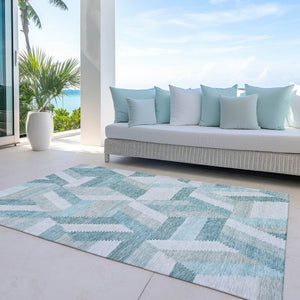 HomeRoots 9' X 12' Teal Blue Geometric Area Rug - Stylish, Durable, and Machine Washable for Indoor/Outdoor Use 608074