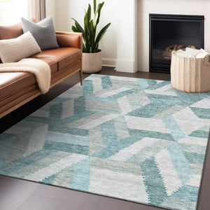 HomeRoots 9' X 12' Teal Blue Geometric Area Rug - Stylish, Durable, and Machine Washable for Indoor/Outdoor Use 608074