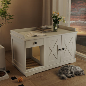 English Elm GO Cat Litter Box Enclosure with Storage Drawer & Mat, Farmhouse White Indoor Cat House Side Table N704P265258K