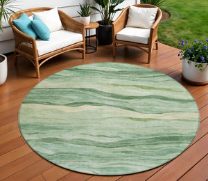 HomeRoots 5' Green Striped Washable Area Rug - Durable, Stylish, Indoor-Outdoor Essential for All Spaces 8' Round 608114