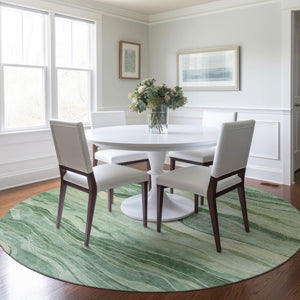 HomeRoots 5' Green Striped Washable Area Rug - Durable, Stylish, Indoor-Outdoor Essential for All Spaces 8' Round 608114