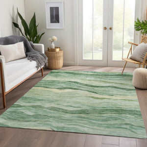 HomeRoots 5' Green Striped Washable Area Rug - Durable, Stylish, Indoor-Outdoor Essential for All Spaces 9' X 12' 608116