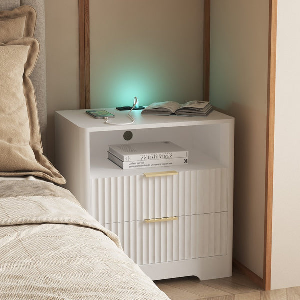 English Elm Nightstand with Usb Charging Ports Ac Outlet Night Light and Cabinet for Bedroom W1321P399421