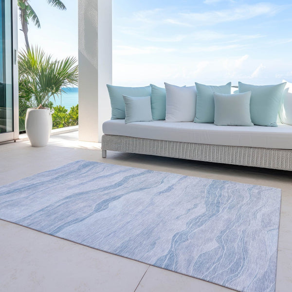 HomeRoots 5' Sky Blue Striped Indoor Outdoor Area Rug – Stylish, Durable, Washable for High-Traffic Spaces 5' X 8' 608125