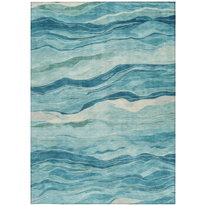 HomeRoots 5' Turquoise Striped Indoor Outdoor Area Rug - Durable, Washable, and Perfect for Coastal Spaces 5' X 8' 608131
