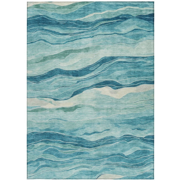 HomeRoots 5' Turquoise Striped Indoor Outdoor Area Rug - Durable, Washable, and Perfect for Coastal Spaces 5' X 8' 608131