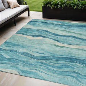 HomeRoots 5' Turquoise Striped Indoor Outdoor Area Rug - Durable, Washable, and Perfect for Coastal Spaces 5' X 8' 608131