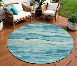 HomeRoots 5' Turquoise Striped Indoor Outdoor Area Rug - Durable, Washable, and Perfect for Coastal Spaces 8' Round 608132