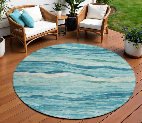 HomeRoots 5' Turquoise Striped Indoor Outdoor Area Rug - Durable, Washable, and Perfect for Coastal Spaces 8' Round 608132