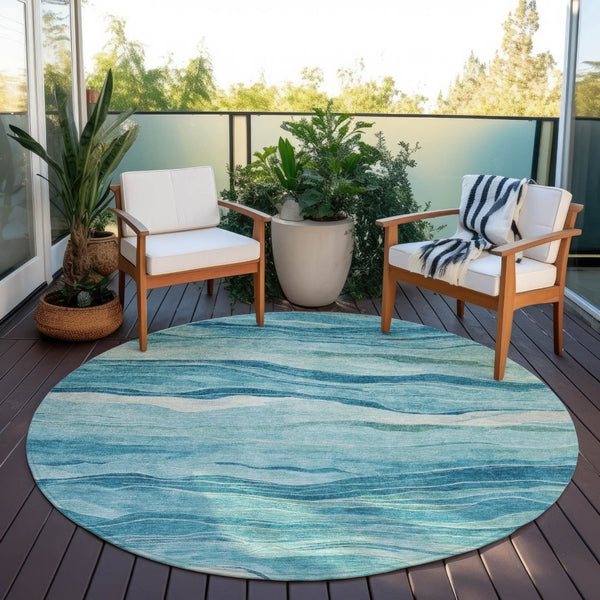 HomeRoots 5' Turquoise Striped Indoor Outdoor Area Rug - Durable, Washable, and Perfect for Coastal Spaces 8' Round 608132