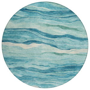 HomeRoots 5' Turquoise Striped Indoor Outdoor Area Rug - Durable, Washable, and Perfect for Coastal Spaces 8' Round 608132