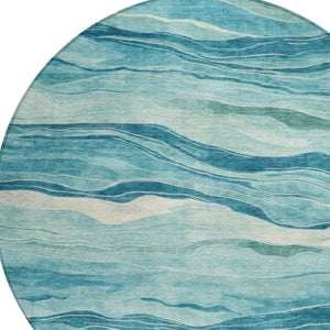 HomeRoots 5' Turquoise Striped Indoor Outdoor Area Rug - Durable, Washable, and Perfect for Coastal Spaces 8' Round 608132