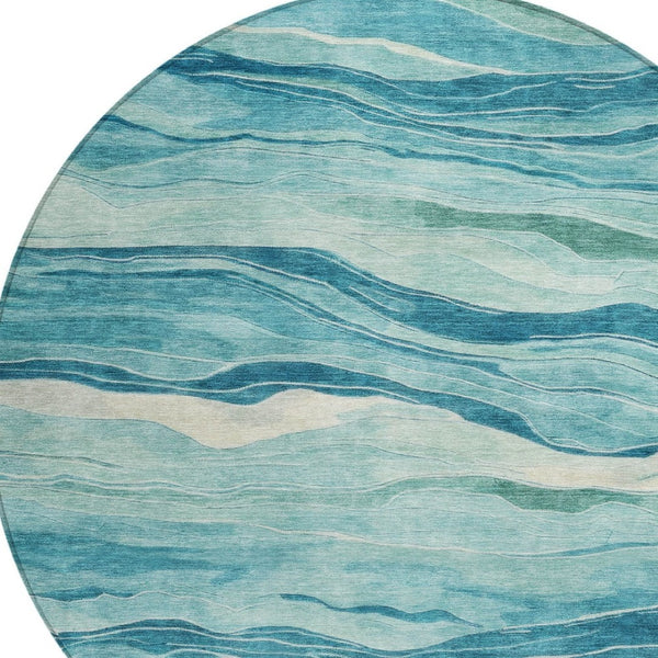 HomeRoots 5' Turquoise Striped Indoor Outdoor Area Rug - Durable, Washable, and Perfect for Coastal Spaces 8' Round 608132