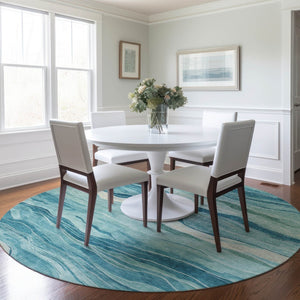 HomeRoots 5' Turquoise Striped Indoor Outdoor Area Rug - Durable, Washable, and Perfect for Coastal Spaces 8' Round 608132