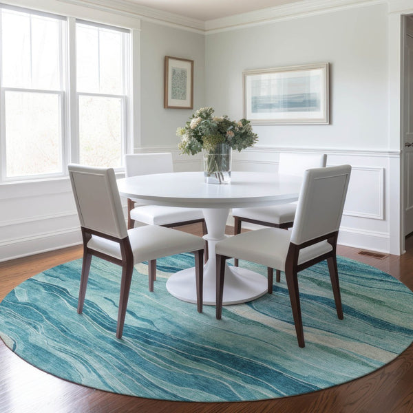 HomeRoots 5' Turquoise Striped Indoor Outdoor Area Rug - Durable, Washable, and Perfect for Coastal Spaces 8' Round 608132