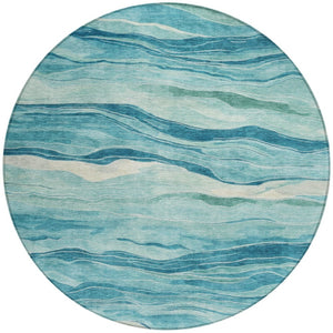 HomeRoots 5' Turquoise Striped Indoor Outdoor Area Rug - Durable, Washable, and Perfect for Coastal Spaces 8' Round 608132