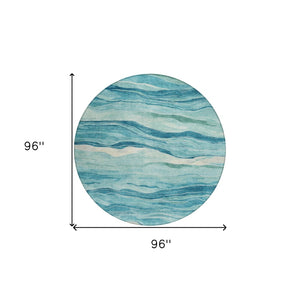 HomeRoots 5' Turquoise Striped Indoor Outdoor Area Rug - Durable, Washable, and Perfect for Coastal Spaces 8' Round 608132