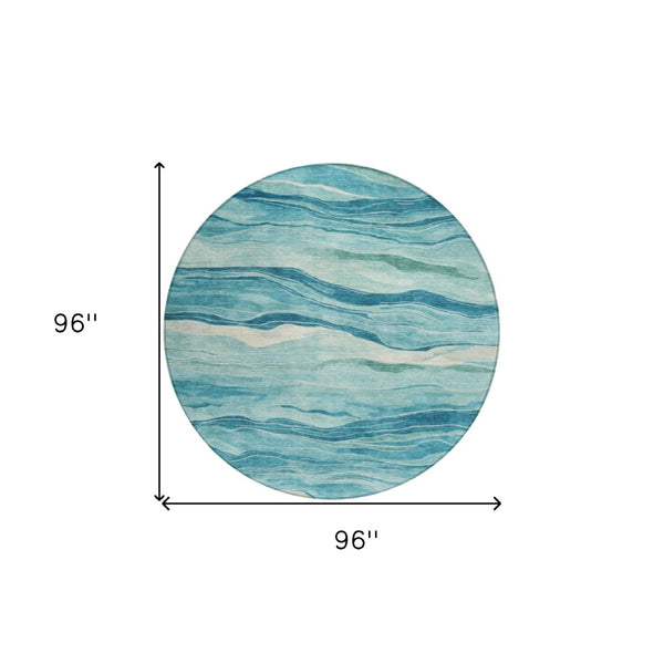 HomeRoots 5' Turquoise Striped Indoor Outdoor Area Rug - Durable, Washable, and Perfect for Coastal Spaces 8' Round 608132