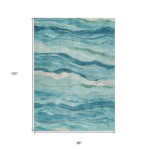 HomeRoots 5' Turquoise Striped Indoor Outdoor Area Rug - Durable, Washable, and Perfect for Coastal Spaces 8' X 10' 608133