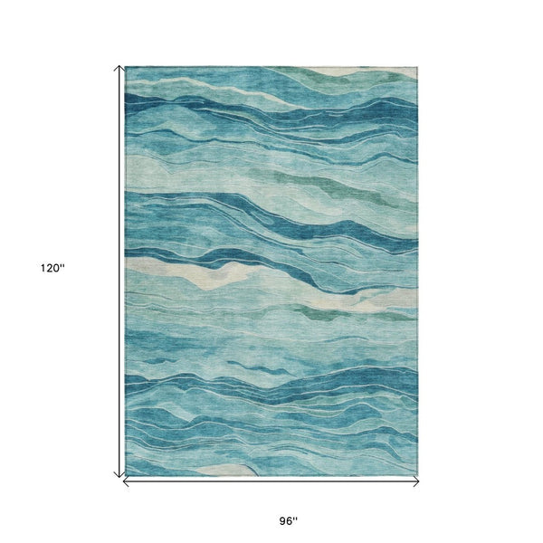 HomeRoots 5' Turquoise Striped Indoor Outdoor Area Rug - Durable, Washable, and Perfect for Coastal Spaces 8' X 10' 608133