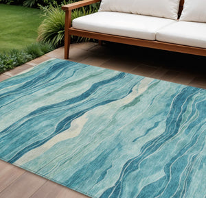 HomeRoots 5' Turquoise Striped Indoor Outdoor Area Rug - Durable, Washable, and Perfect for Coastal Spaces 8' X 10' 608133