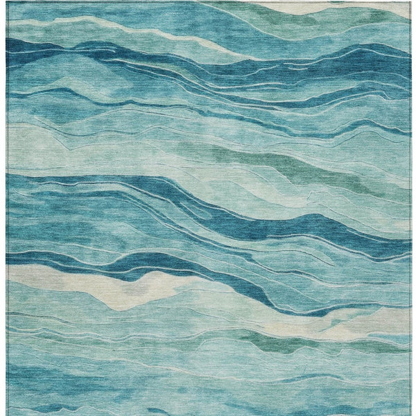 HomeRoots 5' Turquoise Striped Indoor Outdoor Area Rug - Durable, Washable, and Perfect for Coastal Spaces 10' X 14' 608135