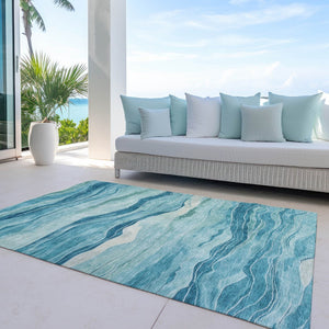 HomeRoots 5' Turquoise Striped Indoor Outdoor Area Rug - Durable, Washable, and Perfect for Coastal Spaces 10' X 14' 608135