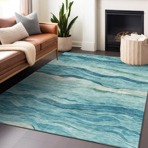 HomeRoots 5' Turquoise Striped Indoor Outdoor Area Rug - Durable, Washable, and Perfect for Coastal Spaces 10' X 14' 608135