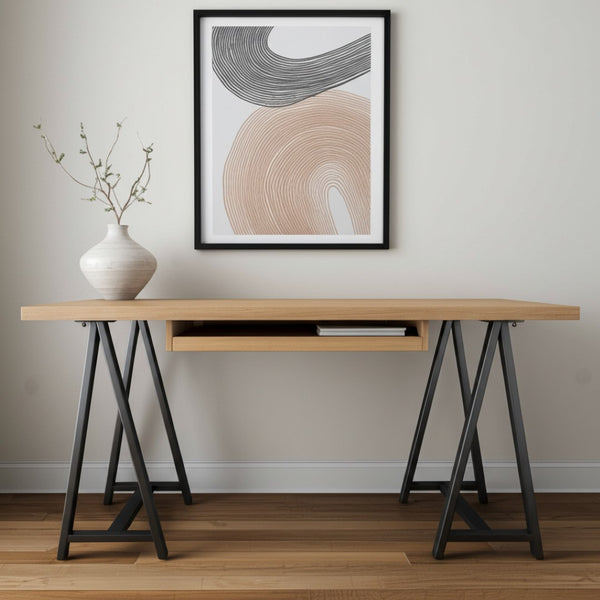 HomeRoots 60" Solid Wood and Black Metal Trestle Executive Desk - Stylish, Durable Design for Home & Office 608136