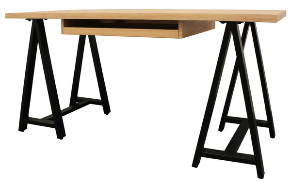 HomeRoots 60" Solid Wood and Black Metal Trestle Executive Desk - Stylish, Durable Design for Home & Office 608136