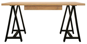 HomeRoots 60" Solid Wood and Black Metal Trestle Executive Desk - Stylish, Durable Design for Home & Office 608136