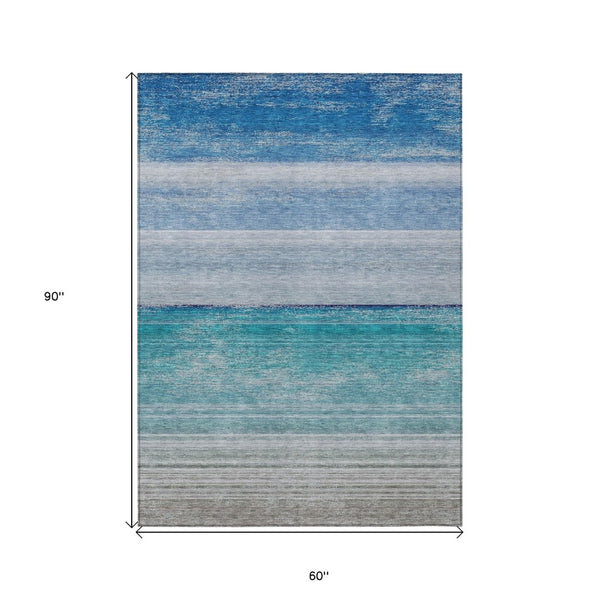 HomeRoots 5' Sky Blue Striped Indoor Outdoor Area Rug - Durable, Washable, and Stylish for Any Space! 5' X 8' 608140