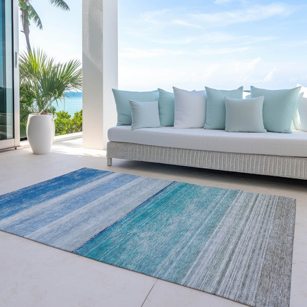 HomeRoots 5' Sky Blue Striped Indoor Outdoor Area Rug - Durable, Washable, and Stylish for Any Space! 5' X 8' 608140