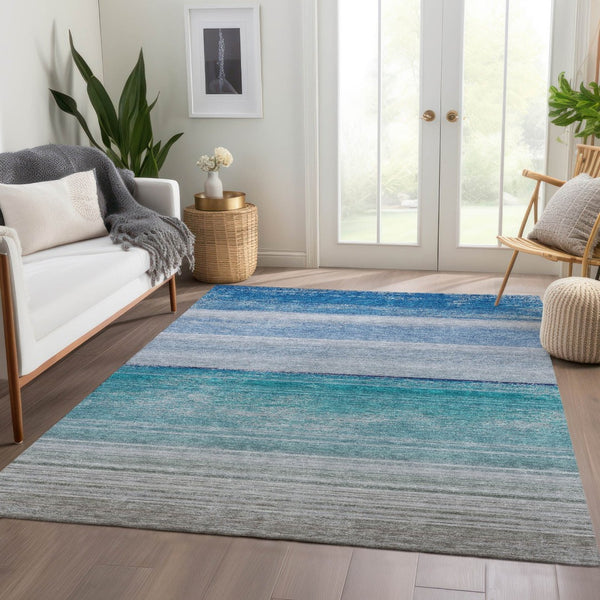 HomeRoots 5' Sky Blue Striped Indoor Outdoor Area Rug - Durable, Washable, and Stylish for Any Space! 5' X 8' 608140