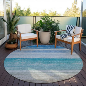 HomeRoots 5' Sky Blue Striped Indoor Outdoor Area Rug - Durable, Washable, and Stylish for Any Space! 8' Round 608141