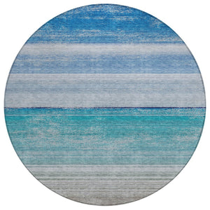 HomeRoots 5' Sky Blue Striped Indoor Outdoor Area Rug - Durable, Washable, and Stylish for Any Space! 8' Round 608141
