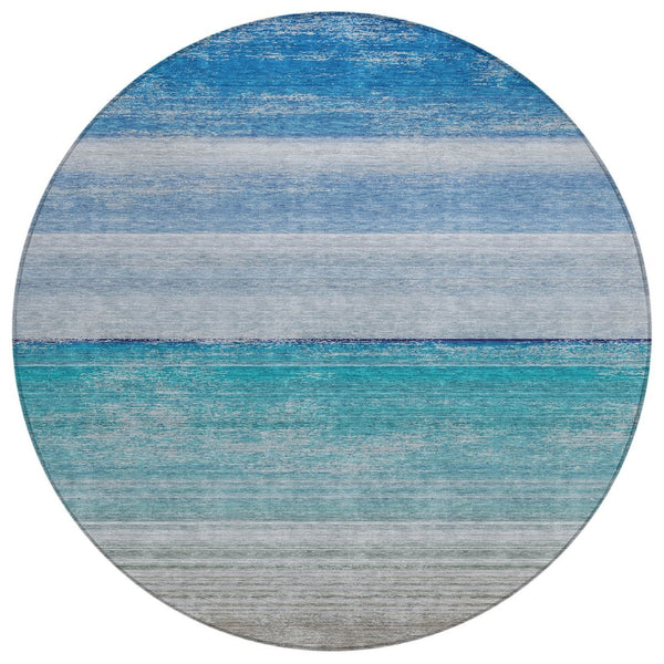 HomeRoots 5' Sky Blue Striped Indoor Outdoor Area Rug - Durable, Washable, and Stylish for Any Space! 8' Round 608141
