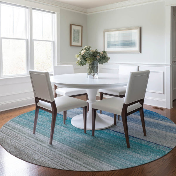 HomeRoots 5' Sky Blue Striped Indoor Outdoor Area Rug - Durable, Washable, and Stylish for Any Space! 8' Round 608141