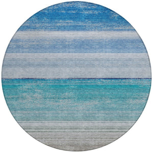 HomeRoots 5' Sky Blue Striped Indoor Outdoor Area Rug - Durable, Washable, and Stylish for Any Space! 8' Round 608141