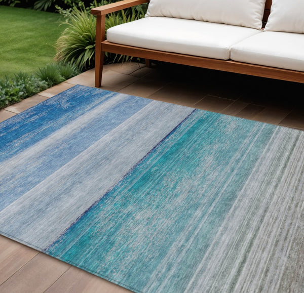 HomeRoots 5' Sky Blue Striped Indoor Outdoor Area Rug - Durable, Washable, and Stylish for Any Space! 8' X 10' 608142