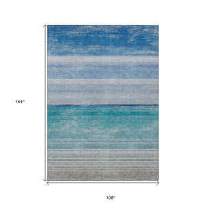 HomeRoots 9' Sky Blue Striped Area Rug - Stylish, Machine Washable, Durable for Indoor & Outdoor Use, 9x12 ft 608143