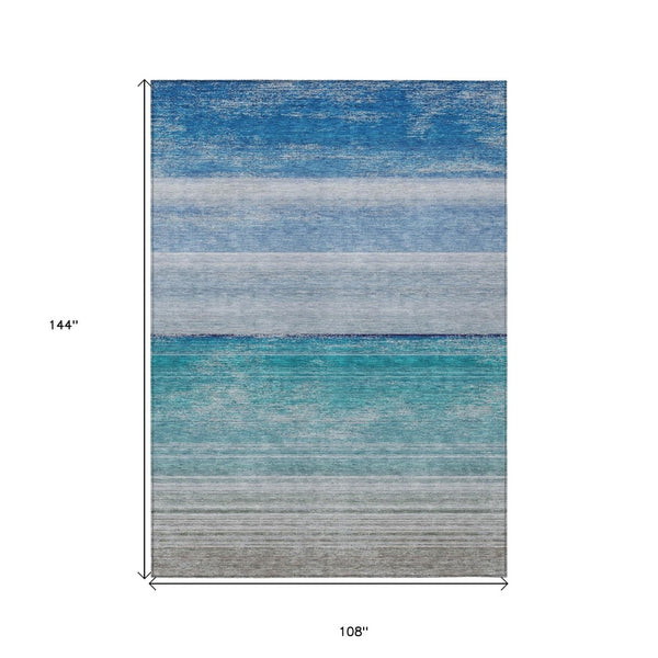 HomeRoots 9' Sky Blue Striped Area Rug - Stylish, Machine Washable, Durable for Indoor & Outdoor Use, 9x12 ft 608143