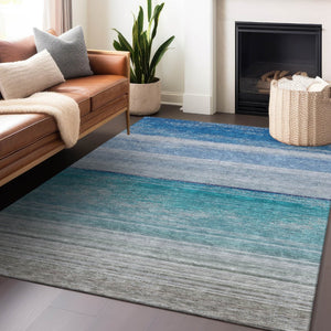 HomeRoots 5' Sky Blue Striped Indoor Outdoor Area Rug - Durable, Washable, and Stylish for Any Space! 10' X 14' 608144