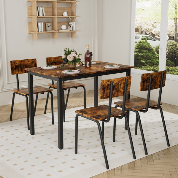 English Elm 5-Piece Modern Dining Set for Small Spaces — 43.3" MDF Top Table with Metal Frame and 4 Chairs, Easy Clean Brown W578133461