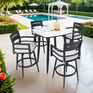 English Elm Modern Outdoor 5Pc Bar Set - Stylish Round Sintered Stone Table & 4 Swivel Chairs For Entertaining W1886S00023