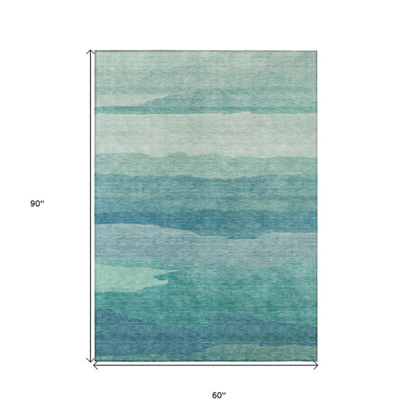 HomeRoots 5' Turquoise Striped Area Rug – Durable, Washable, Stylish for Indoor & Outdoor Spaces, Easy Care 5' X 8' 608152
