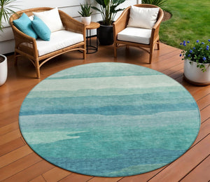 HomeRoots 5' Turquoise Striped Area Rug – Durable, Washable, Stylish for Indoor & Outdoor Spaces, Easy Care 8' Round 608153